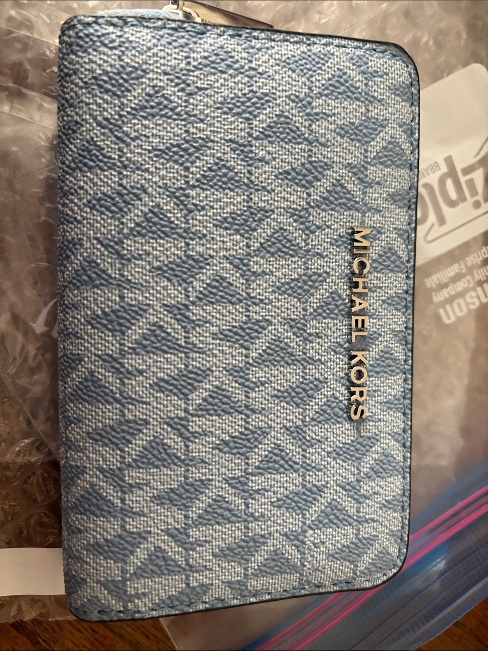 Michael Kors Light Blue Logo Jacquard Zip Wallet with Gold Logo